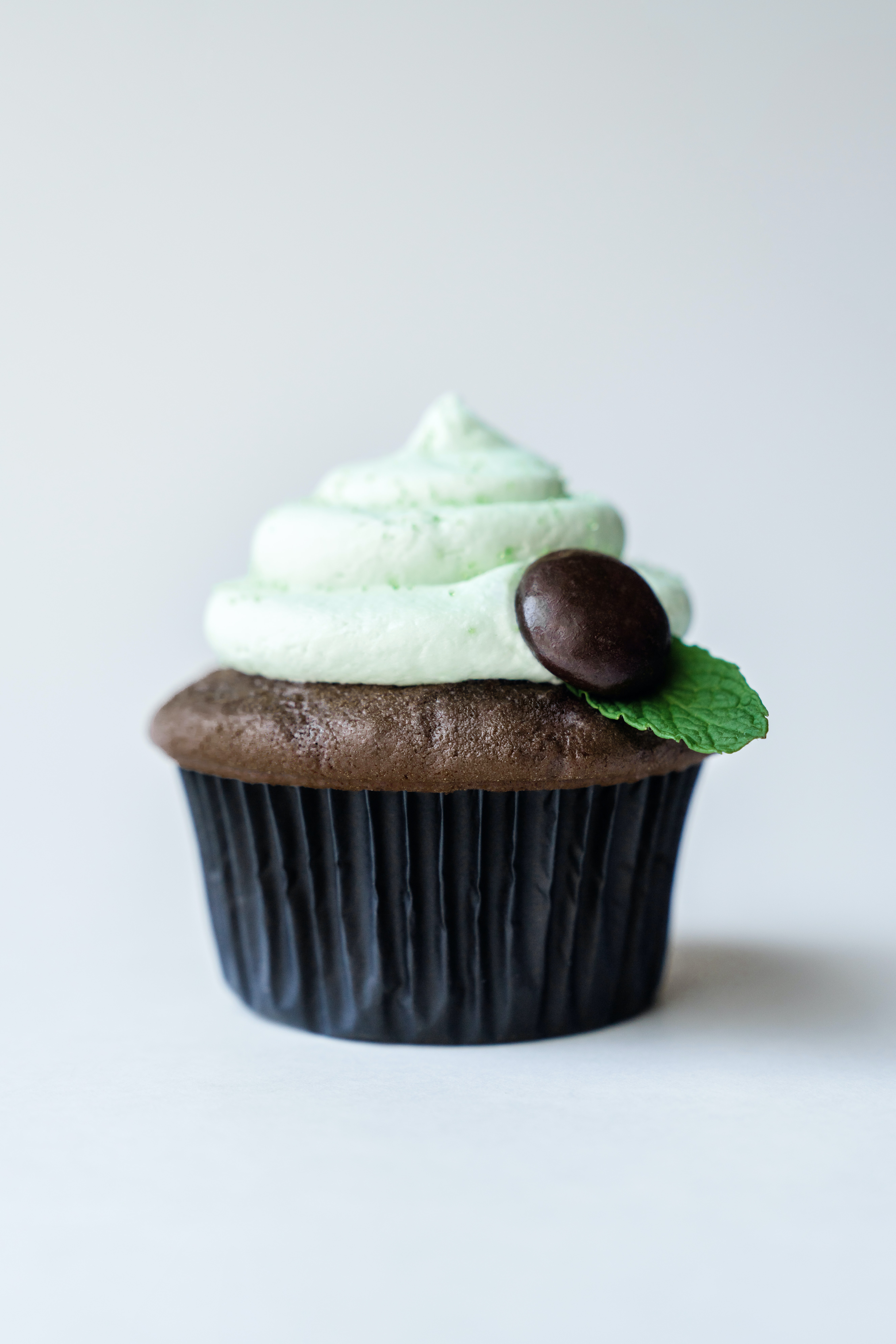 Chocolate Cupcake with mint frosting and dark round chocolate chip in black capcake holder